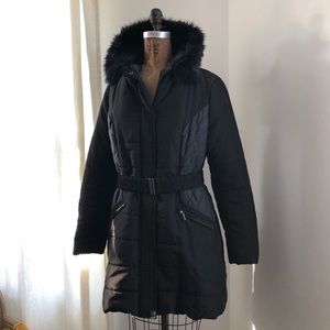 Black Puffer Coat with Faux Fur Hood
